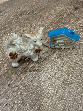 Ceramic White and Brown Dog Figurine with Blue Doghouse Accessory